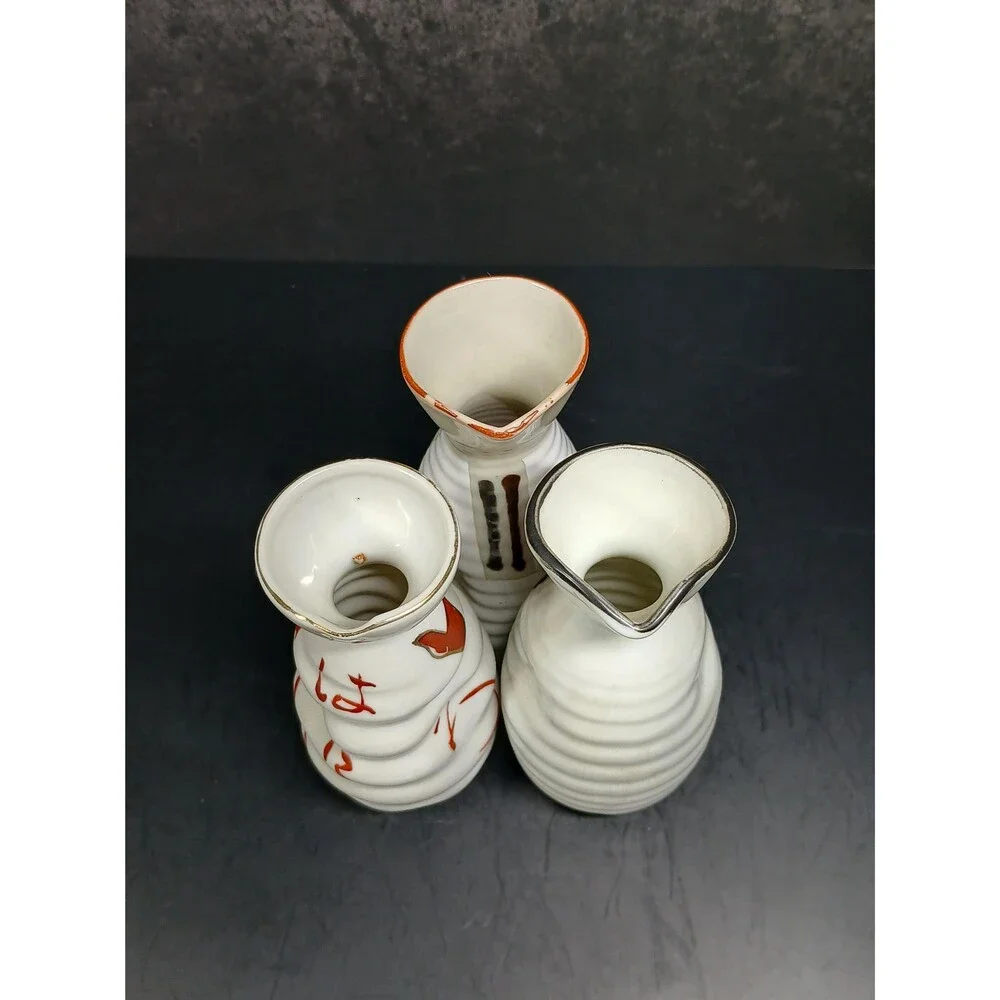 Vintage Japanese Porcelain Sake Bottle Set Calligraphy Ribbed Design